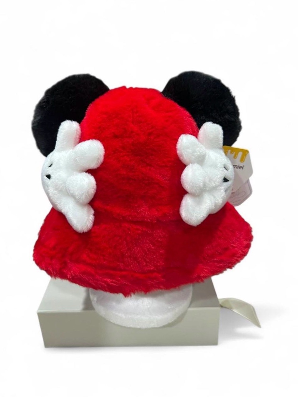 Red Plush Bucket Hat with Black Ear Accents and White Glove Details